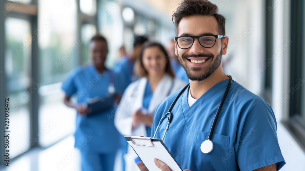 smiling male healthcare professional in blue scrubs with glasses and a stethoscope smiling male healthcare professional in blue scrubs with glasses and a stethoscope