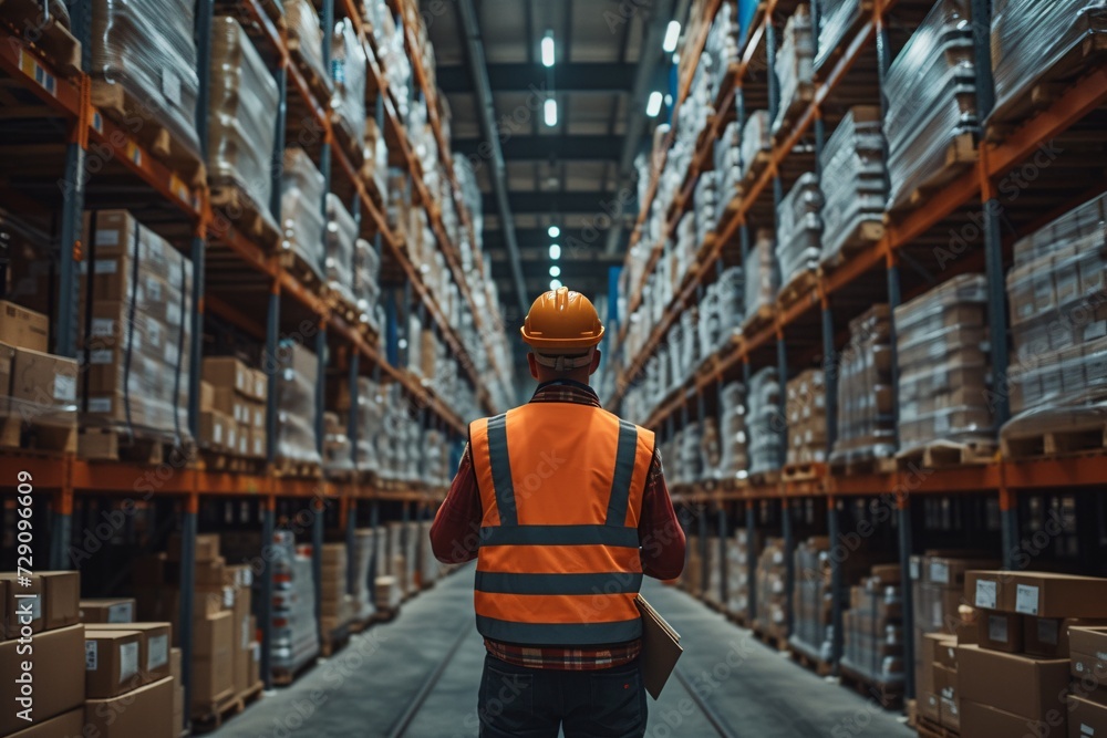 Warehouse Worker in Orange Vest and Safety Glasses Generative AI Warehouse Worker in Orange Vest and Safety Glasses Generative AI
