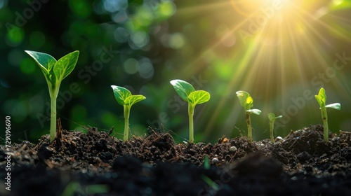 Young seedlings emerging from the soil In the form of green leaves There's bright morning light. Abstract style, high quality