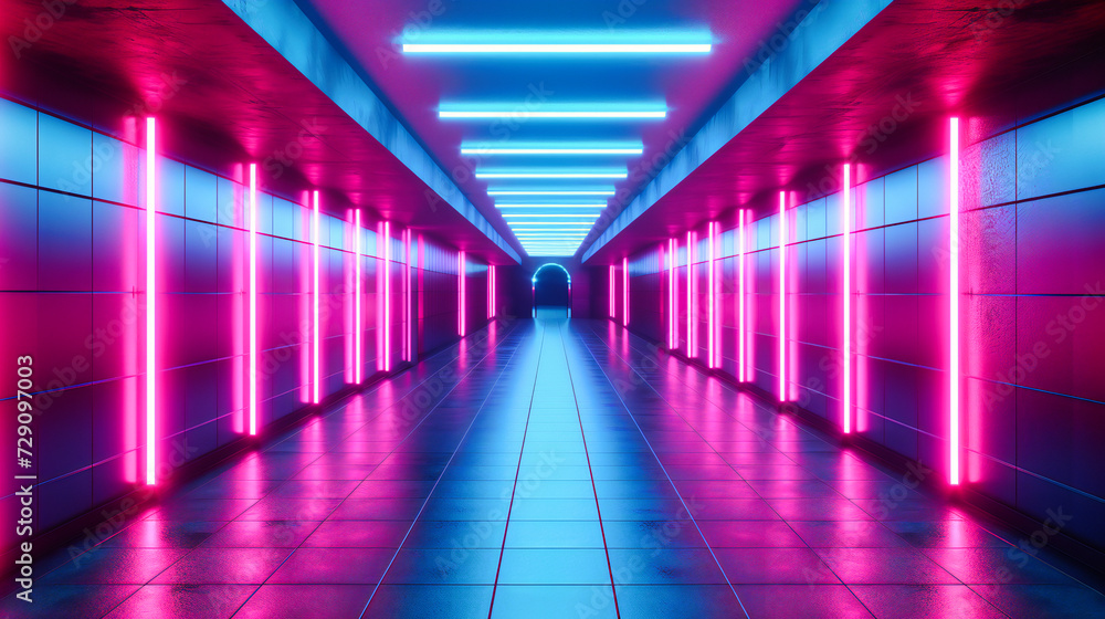 Vibrant and futuristic neon corridor, showcasing a modern and abstract design with glowing blue lights and a sense of depth in an urban setting