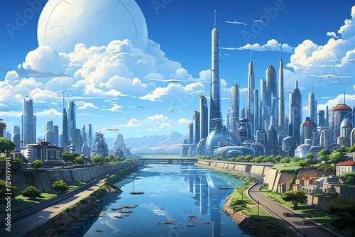 A futuristic cityscape, anime style