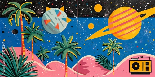 Cover of a 1980s new wave record, a satellite orbiting the earth and palm trees and a radio