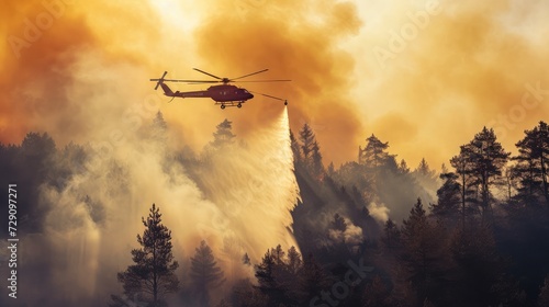 Fire fighting helicopter carry water bucket to extinguish the forest fire photo