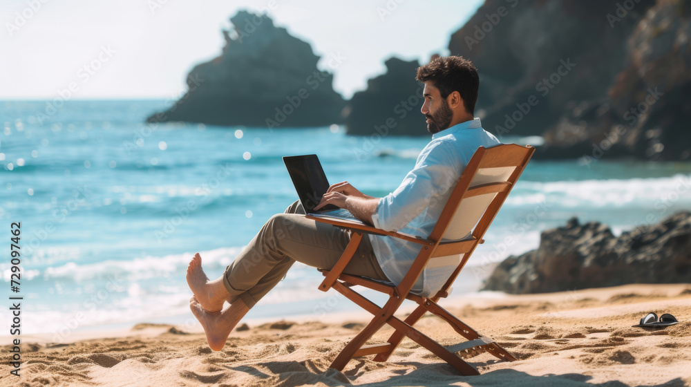 man sitting on a beach chair using a laptop by the sea