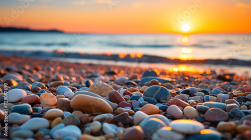 The shoreline is dotted with pebbles, silhouetted against a hazy sunset.
