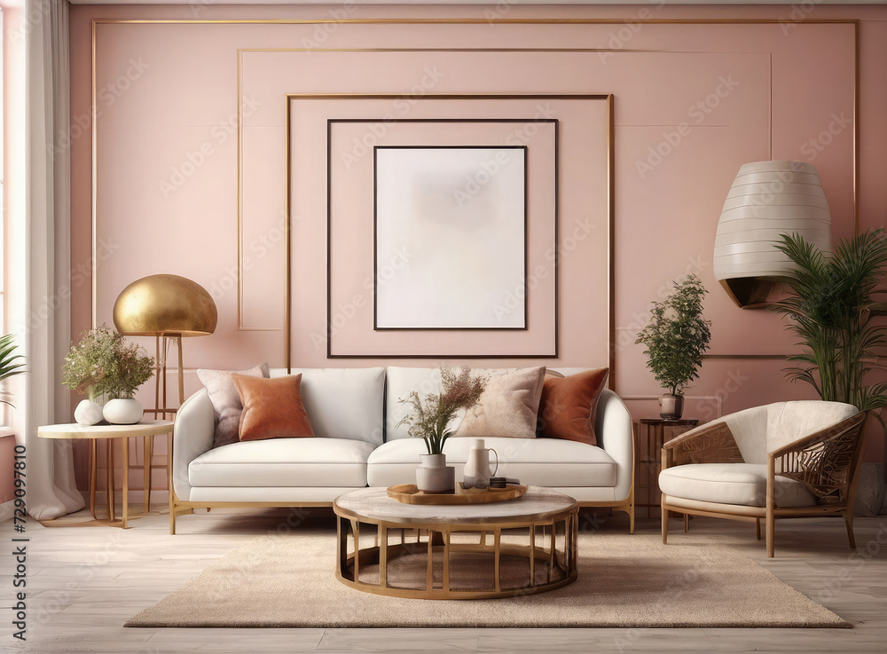 Fototapeta premium Wooden Elements Showcase: Apartment with Frame on Wall - 3D Rendering 