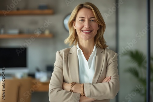 Beautiful European businesswoman with crossed arms smiling at the camera