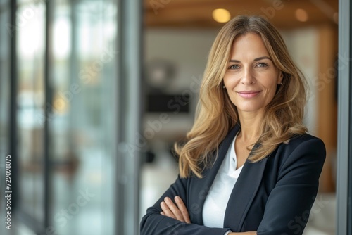 Beautiful European businesswoman with crossed arms smiling at the camera