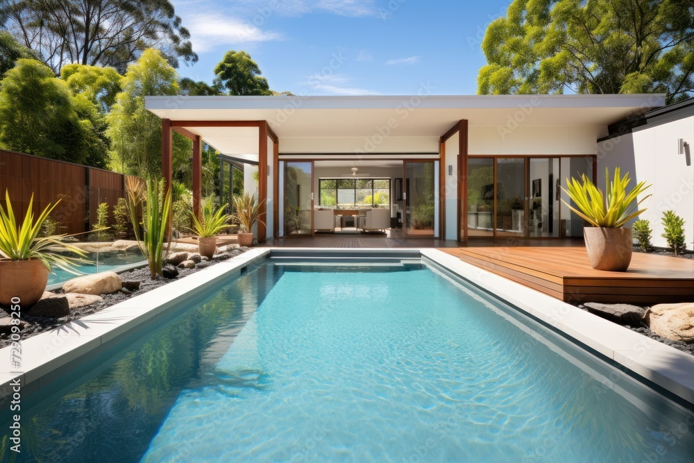 a modern house with swimming pool in the garden. Concept of holidays abroad, secluded villas
