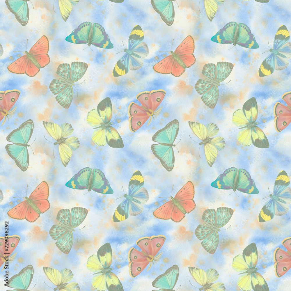 watercolor butterflies, hand drawn illustration, seamless pattern on colorful abstract background. watercolor butterflies, hand drawn illustration, seamless pattern on colorful abstract background.
