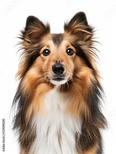 A portrait of a pedigreed shetland canine against a blank backdrop. © ckybe