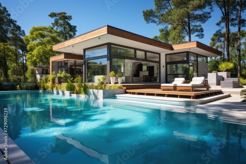 Modern house with swimming pool and deck. Nobody inside. Concept of holidays abroad, secluded villas