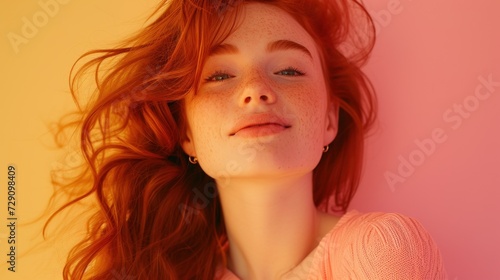 A captivating image of a redhead making eye contact with the camera, her beauty enhanced with subtle makeup.