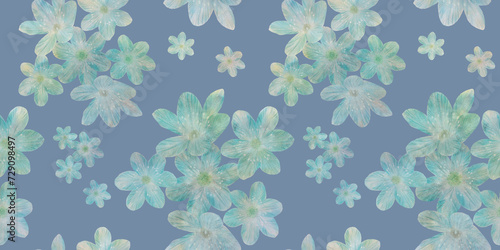 watercolor flowers on a blue background in digital processing, for textiles, packaging, wallpaper