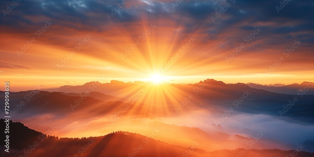 Fototapeta premium Sunbeams Peeking Through Misty Peaks.