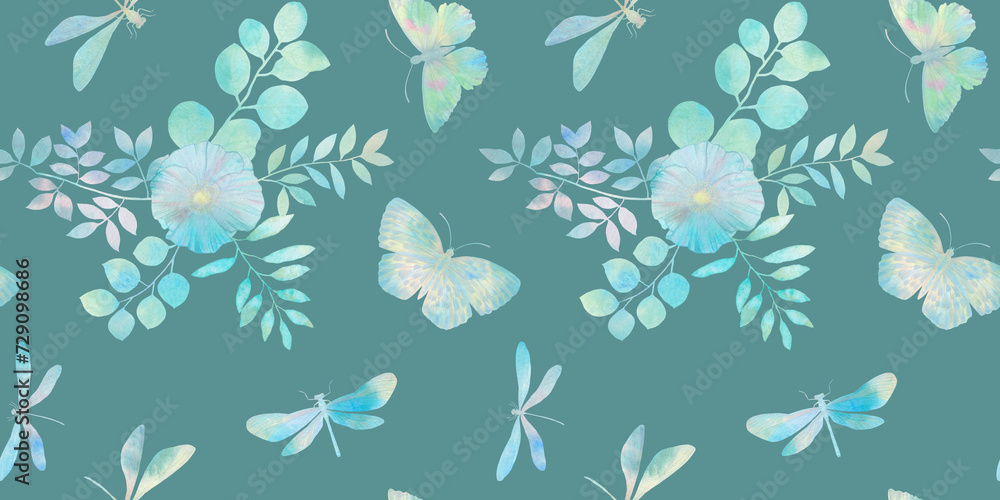 seamless pattern, watercolor butterflies leaves and dragonflies, on a green background