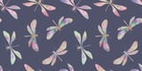 delicate watercolor dragonflies on a dark lilac background for wallpaper design, seamless pattern