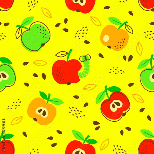 Fototapeta Naklejka Na Ścianę i Meble -  Vector hand drawn seamless pattern in a doodle style. Red apples and caterpillar on yellow background