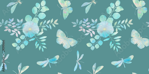 seamless pattern, watercolor butterflies leaves and dragonflies, on a green background © Sergei