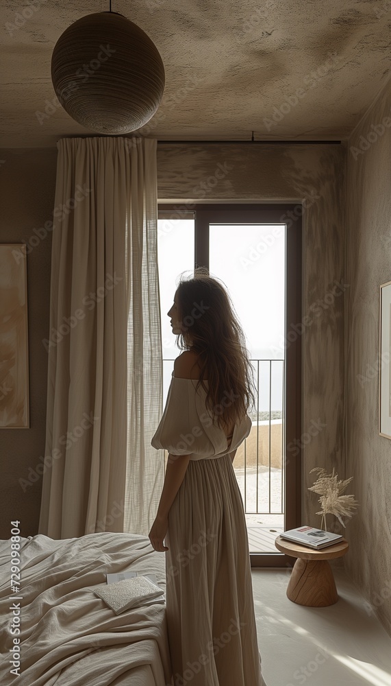 Fototapeta premium Luxurious Bedroom Architectural Photography with Woman by Balcony Door