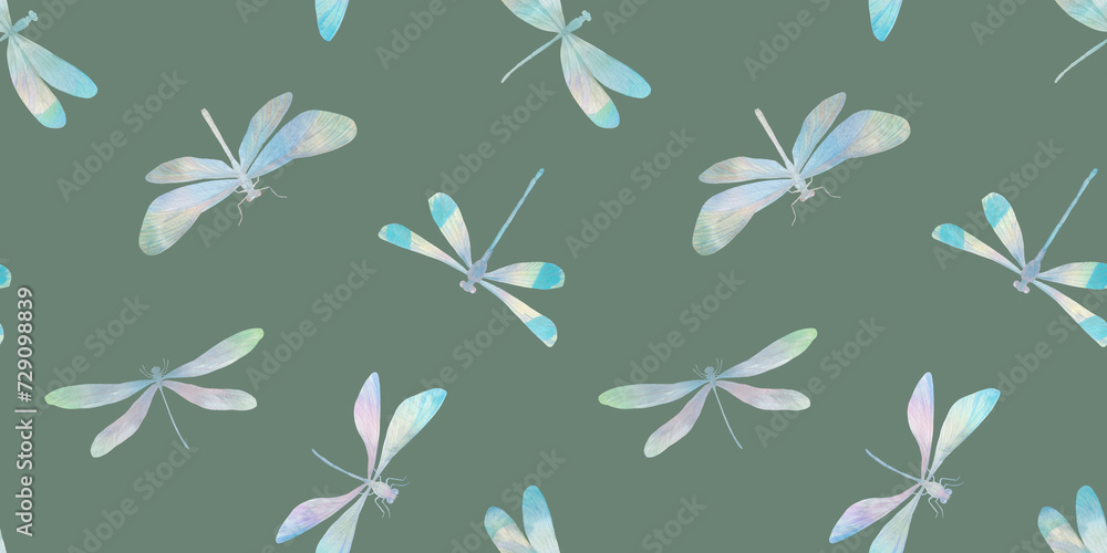 watercolor dragonflies on green background seamless pattern watercolor dragonflies on green background seamless pattern