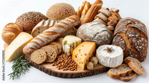 Handmade cheese and bread on a wooden board at a 45-degree viewing angle on a white background, for a poster, print, designer postcard, banner, flyer