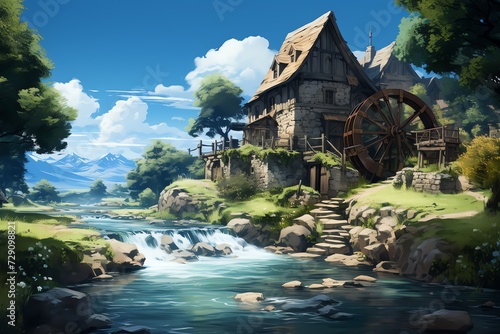 An anime waterwheel spinning near a tranquil river photo