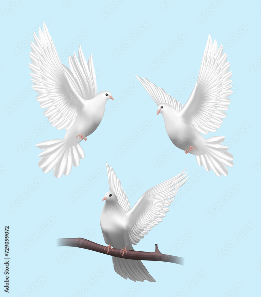 White doves in realistic design