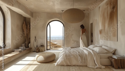 Luxurious Bedroom Architectural Photography with Woman by Balcony Door