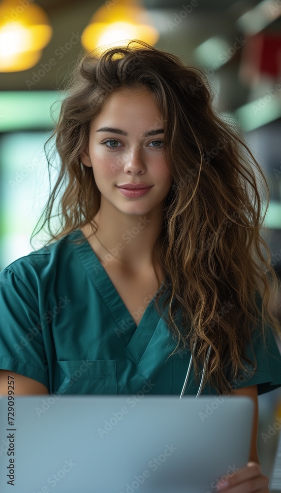Nurse in Scrubs Focused on Reviewing Patient Information on Laptop in Medical Setting Nurse in Scrubs Focused on Reviewing Patient Information on Laptop in Medical Setting