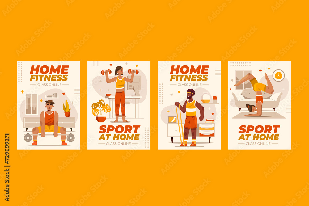 Fototapeta premium Home workout hand drawn cartoon card set