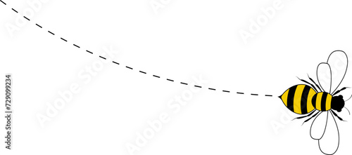 Flying bee route. Cartoon bee icon. Bee flying on a dotted route isolated on the white background. Vector illustration