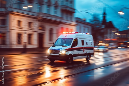 Ambulance responding to emergency call driving fast on street