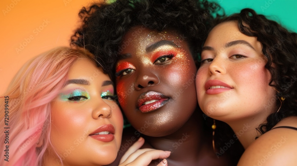 Obraz premium Multicultural and radiant, a group of women poses against a pastel background.