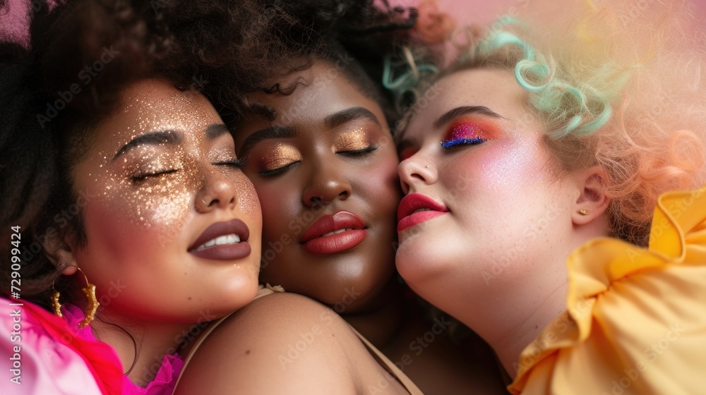 Obraz premium Beautiful and diverse women strike poses with colorful makeup in a closeup.