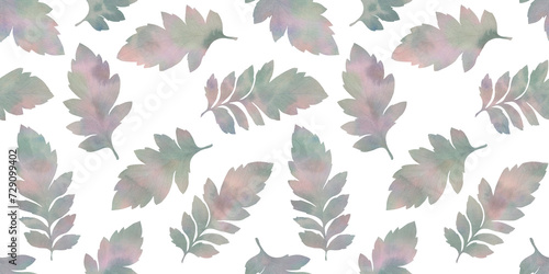 Abstract botanical pattern, colorful watercolor leaves, seamless background