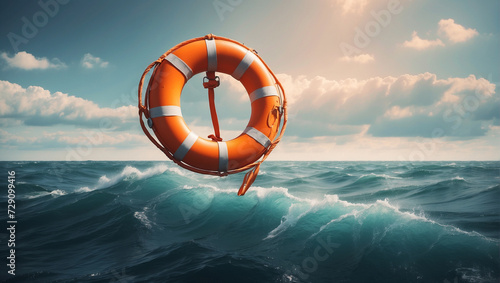 An orange lifebuoy floats on the open sea