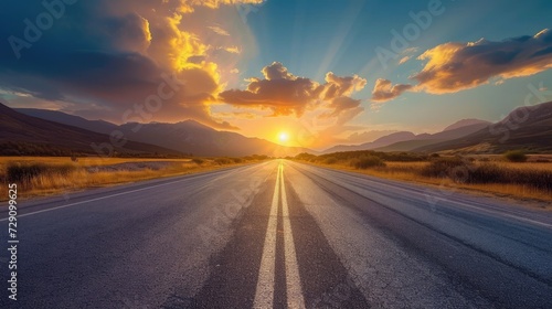 Straight asphalt road and mountain with sky clouds background at sunset photo