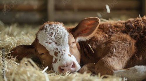 The calf is sleeping happily.