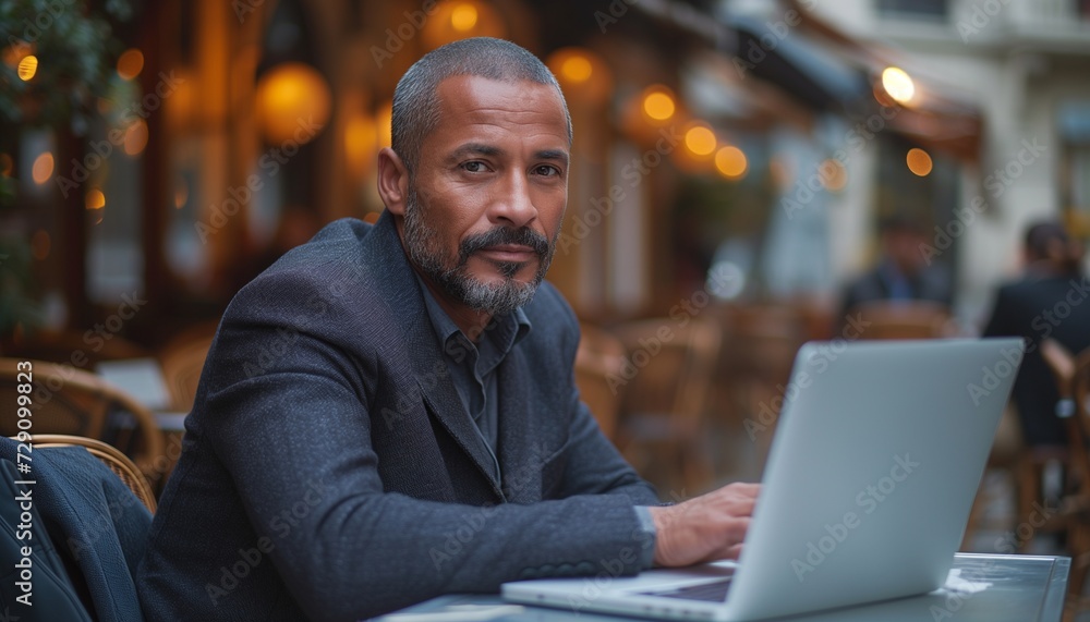 Stylish Mid-30s Gentleman in Dark Blue Suit on Cafe Terrace with laptop Stylish Mid-30s Gentleman in Dark Blue Suit on Cafe Terrace with laptop