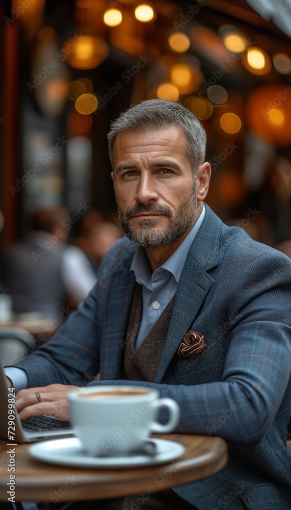 Stylish Mid-30s Gentleman in Dark Blue Suit on Cafe Terrace with laptop Stylish Mid-30s Gentleman in Dark Blue Suit on Cafe Terrace with laptop