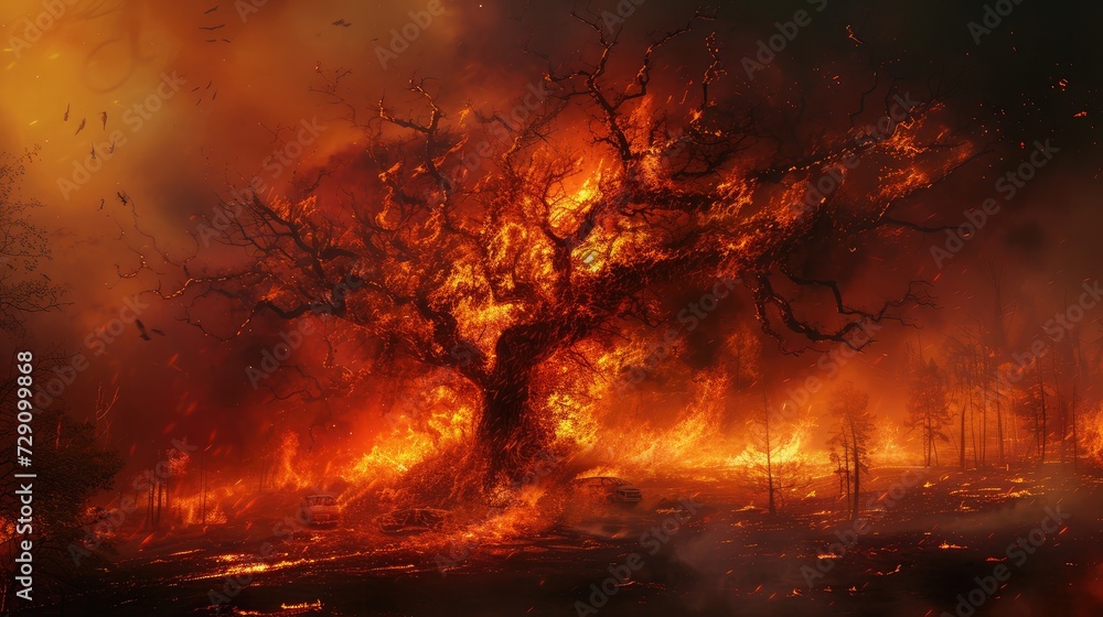 tree devoured by flames. Forest fire affecting the city with roads and risk for cars with people inside Murderous fire. Fine art forest burn Problem