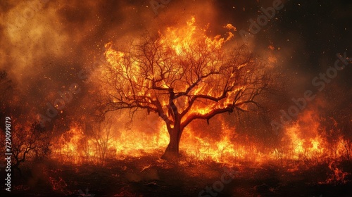 tree devoured by flames. Forest fire affecting the city with roads and risk for cars with people inside Murderous fire. Fine art forest burn Problem photo