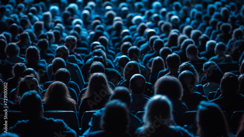 An audience is seated in a darkened room, facing a stage, highlighted by blue stage lighting, focusing on the event or presentation.