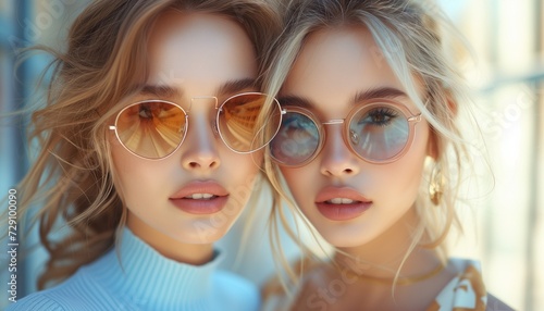 Two Fashionable Friends Rocking Stylish Sunglasses and Trendy Outfits in Urban Setting