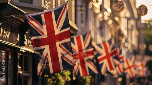 Street adorned with Union Jack banners in anticipation of national holiday festivities.