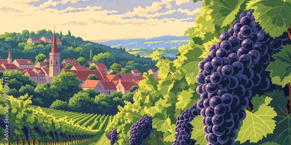 Burgundy vineyard in France with wine sampling, renowned grapes illustration of Bordeaux landscape, serene winery, delectable French wines and cabernet red wine harvest.