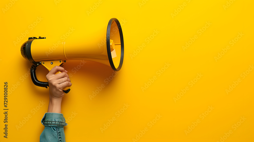 Hand holding megaphone on yellow background. Hiring, advertising and marketing concept. - obrazy, fototapety, plakaty 
