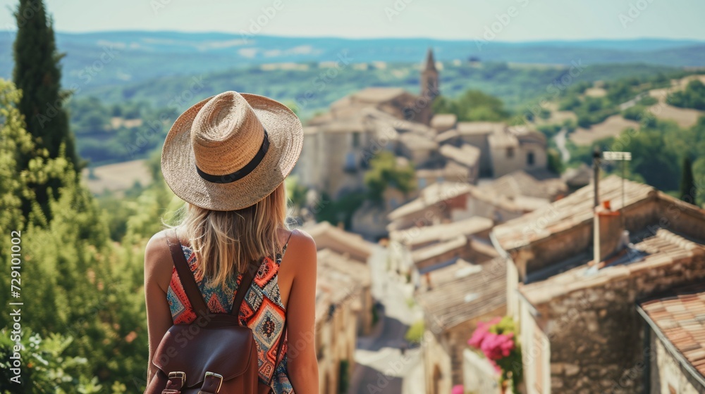 Female traveler admiring scenery of town in France.