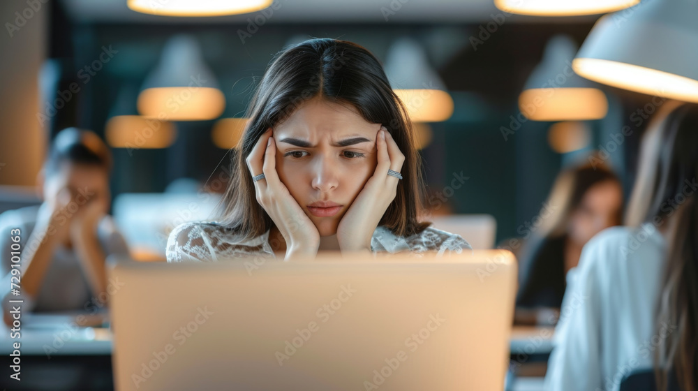 stressed young woman with her hands on her head is looking at a laptop screen with a worried expression, possibly dealing with a problem or challenging work stressed young woman with her hands on her head is looking at a laptop screen with a worried expression, possibly dealing with a problem or challenging work